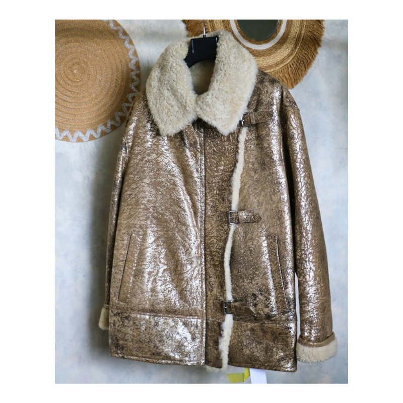 manteau shearling couleur métal gold - 100% cuir d'agneau taille 42