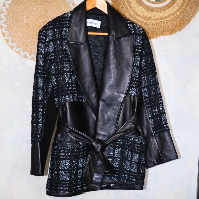 Manteau mi-long en cuir d'agneau 100% et tweed - T40 Sylvie Schimmel