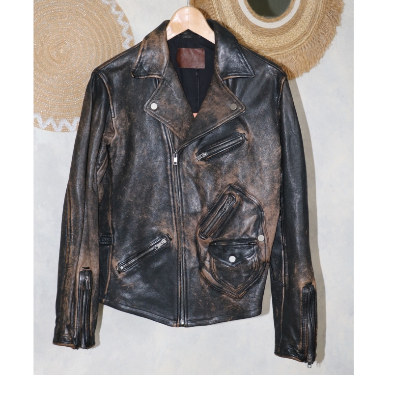 Blouson de motard en cuir marron homme - T48